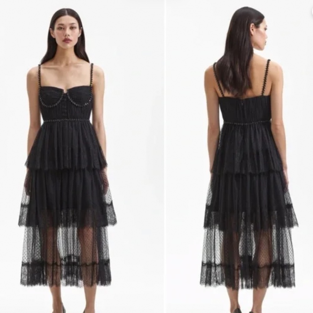 Self Portrait Black Dot Tier Layered Midi Rhinestone Crystal Bustier Dress NWT